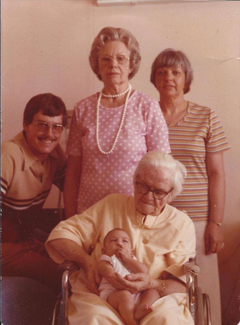 Here's my Throwback Thursday photo of the day. Me and four important women of my life; my mother, grandmother, great-grandmother, and daughter. Five generations of us, I guess about 34 +/- years ago. Three of us are still a