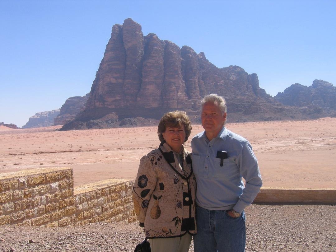 Rosemary and I at"The Seven Pillars of Wisdom" rock formation in Wadi Rum in Jordan, made famous by  British soldier T. E. Lawrence ("Lawrence of Arabia").