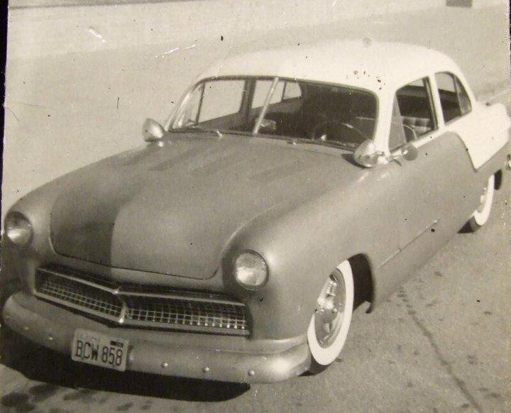 '49 Ford. Louvered hood, Appleton spots, push button door entry, '51 Ford grille, frenched headlights, Pontiac tail lights.