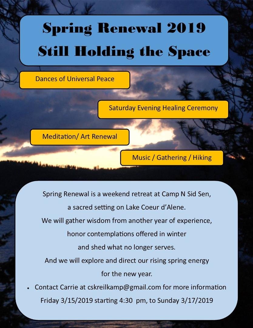Invitation to Spring Renewal weekend at Camp N Sid Sen on Lake Coeur d'Alene from Friday 3/15 to Sunday 3/17/2019. Flyer and registration information here: