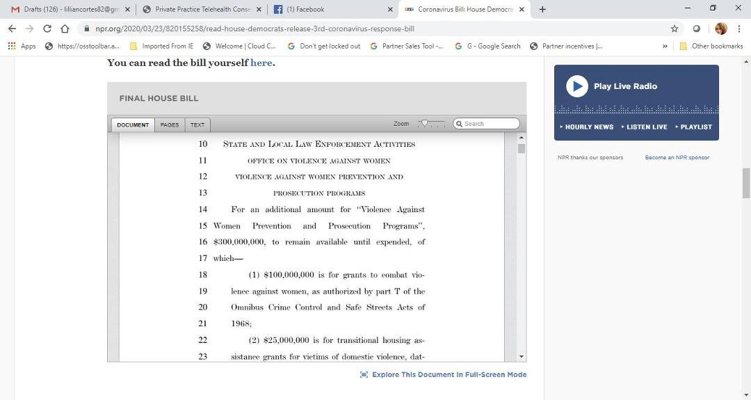 Have you read this bill?  It is the craziest thing I have seen.  Why do they have to add funds for other than helping people get through this..seriously! 35,0000,000 for JFK performing Arts Center. 100,000,000 for domestic 