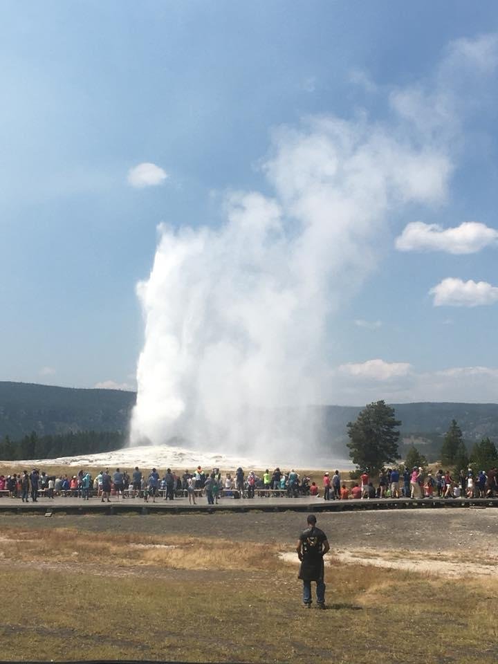 The road from sturgis day8: cody up through Yellowstone. Beautiful country all around. Temperature 75. Wow. Yes I did get to see old faithful spout off but sadly no yogi or boo boo