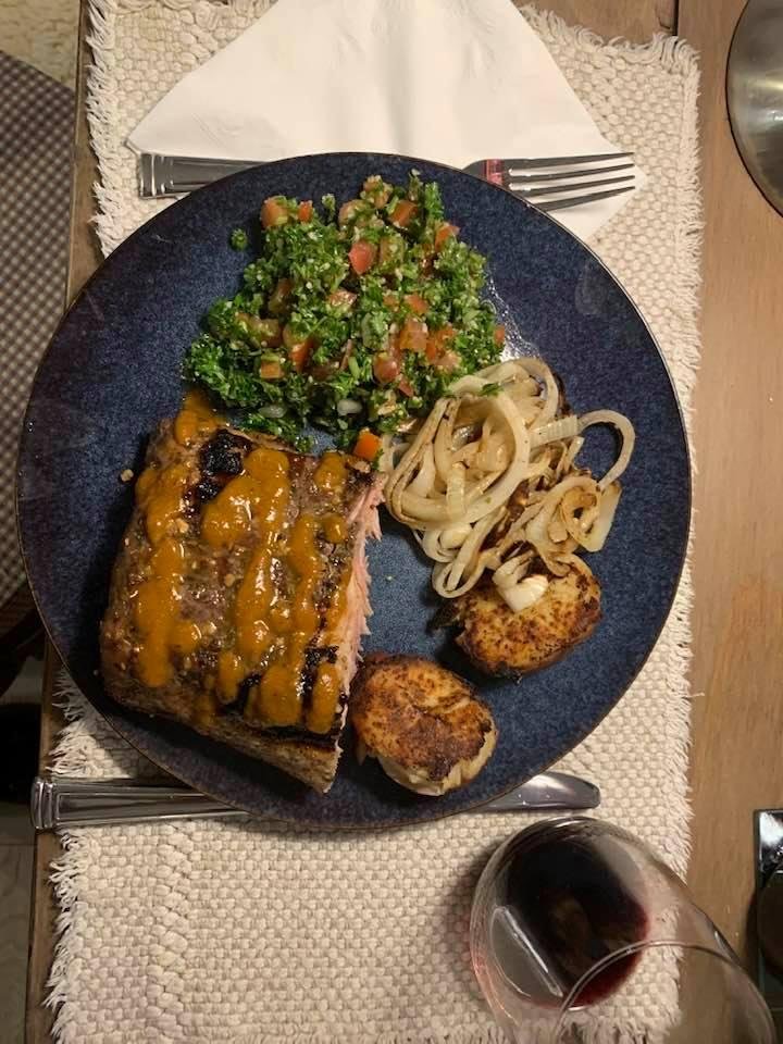 Here’s mine from last night. White pineapple pepper glazed mesquite smoked baby back ribs, blistered red skinned potatoes & quinoa tabouleh salad accompanied by a glass of Lodi CA Zinfandel.