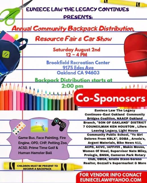 It’s that time of the year, Parents are preparing for their children to go back to school, Our Annual Community EUNIECE LAW THE LEGACY CONTINUES, Backpack Distribution, will serve our community as best needed, with Resource