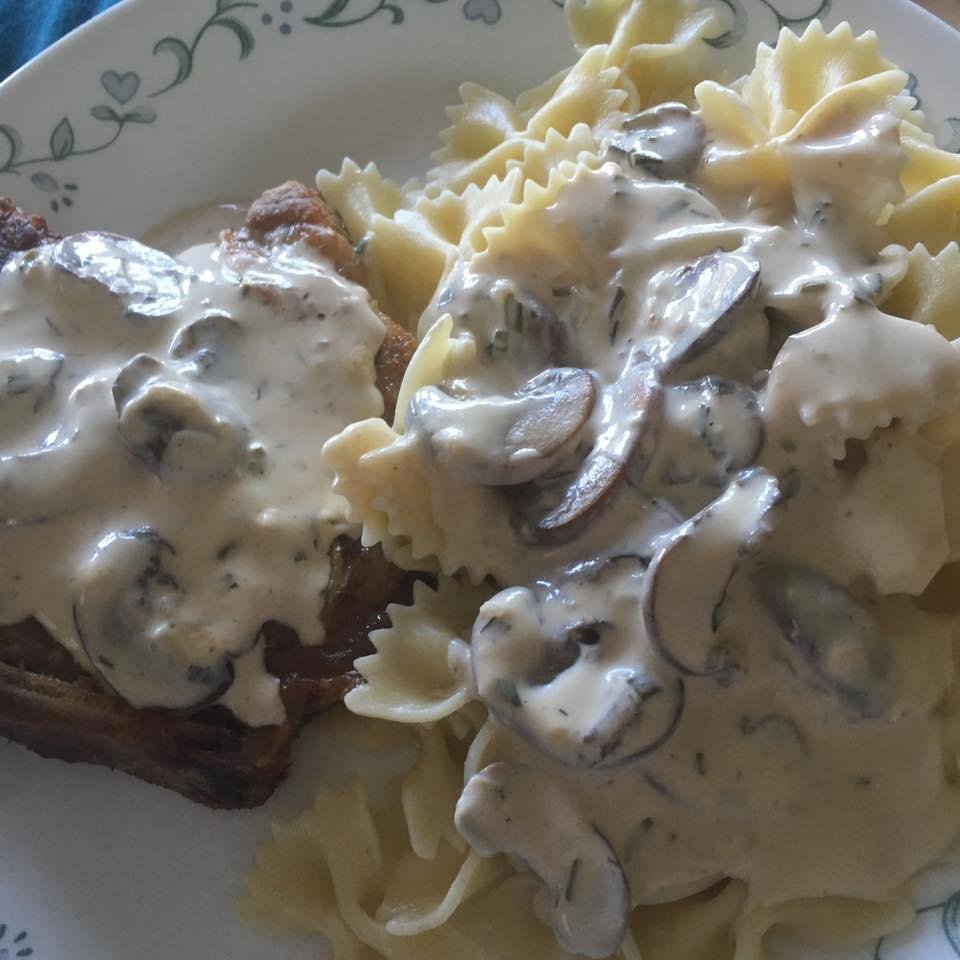 Tonight's dinner:  Pork Chops and bow tie pasta with homemade mushroom sauce!