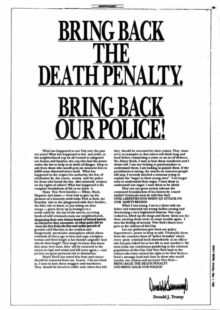 When Trump gave  his response to the white supremist killings he was looking down--reading from a prepared text--he did not issue a demand for the execution of the car driver as he did in the Central Park 5--who were later 
