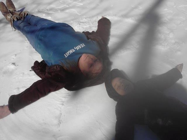 Me and my granddaughter making snow angels. Suppose to snow again tomorrow and then Saturday too. And then hopefully warmth comes!!!! Help! Lol