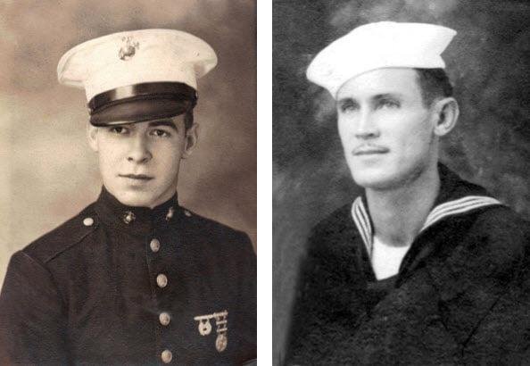 My father and father-in-law, members of the Greatest Generation. Dad Maxie Koch on the left, U.S. Marine Corps, World War II with pistol and rifle sharpshooting medals. At right, father-in-law Arvin Van Deman, U.S. Navy, Wo