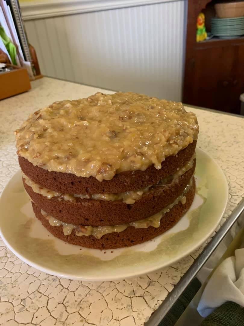 German Chocolate Cake ! Looks like a glass of milk and cake for lunch. Hmmm