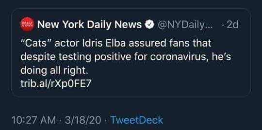 Idris Elba did not...
- guard the Bifrost
- cancel the apocalypse
- captain the Prometheus
- explore deep space
- campaign against Apartheid
- help Dory find her parents
..to be identified as "'Cats' actor."