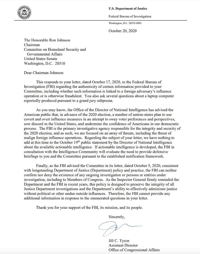 Letter dated 10/20/20 with the official response from the the FBI regarding the Hunter Biden laptop basically saying they will take action if any actionable intelligence is found but hint it is most likely part of a disinfo