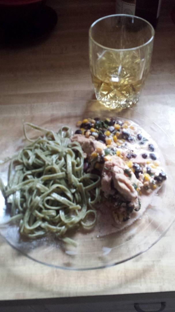 Ok I'm ready for football. In the slow cooker I made chicken breasts with black beans corn and then cream cheese and a ton of cilantro on top lil bit of salsa YUM. And rosemary pasta