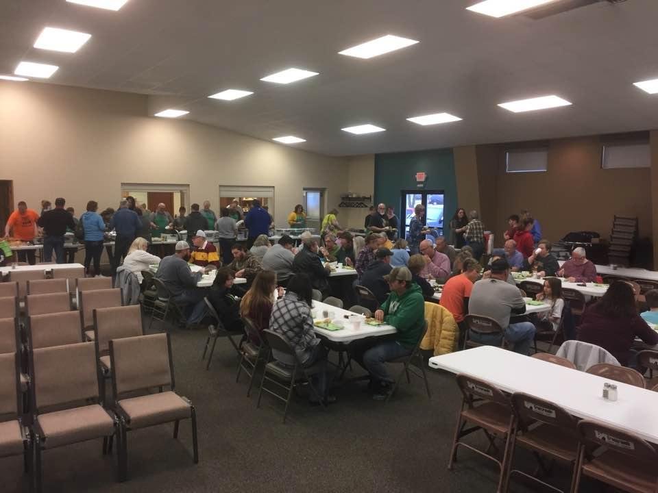Come out to Crossroads Church. Wild game feed in progress. All are welcome. Come on in for food and fellowship
