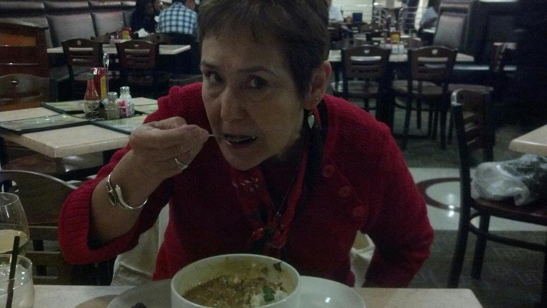 Bev and her gumbo at Dean's in the Quarter