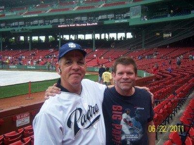 Bill and Bruce. Cousins we are. I am wearing my Padres jersey, and Bruce is wearing his Red Sox Big Papi t-shirt. A rainy morning, but the Padres win anyway, 5-1 in a rain-shortened game. When it rains, it pours.