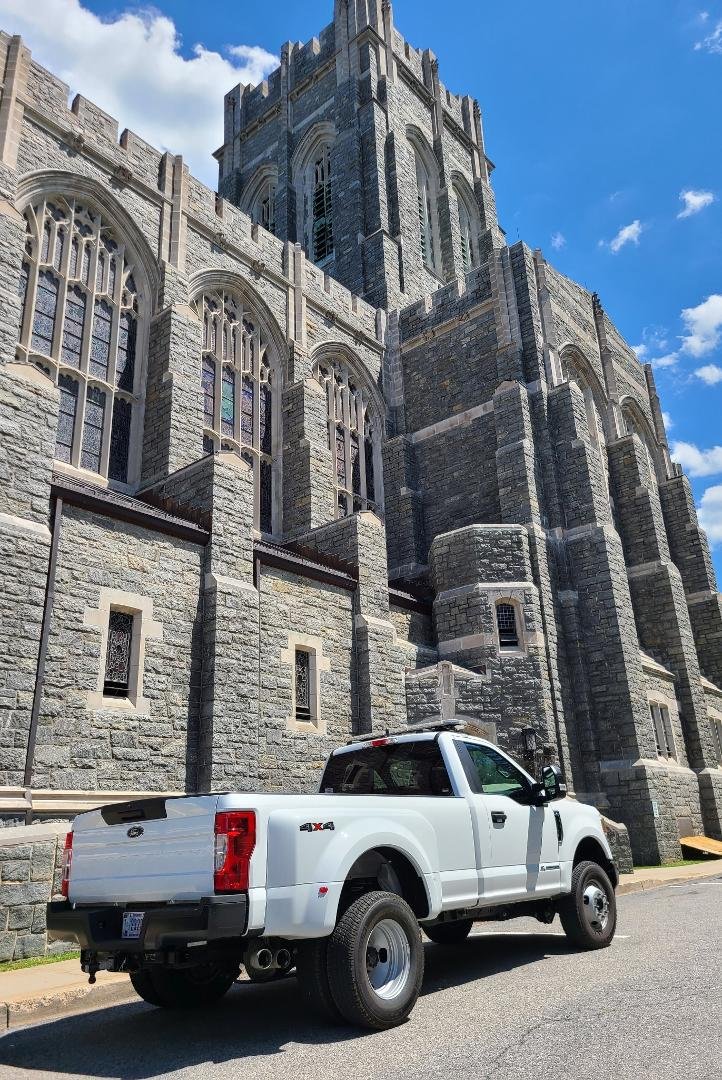 Getting ready to inspect the fire extinguishers inside the Cadet Chapel.