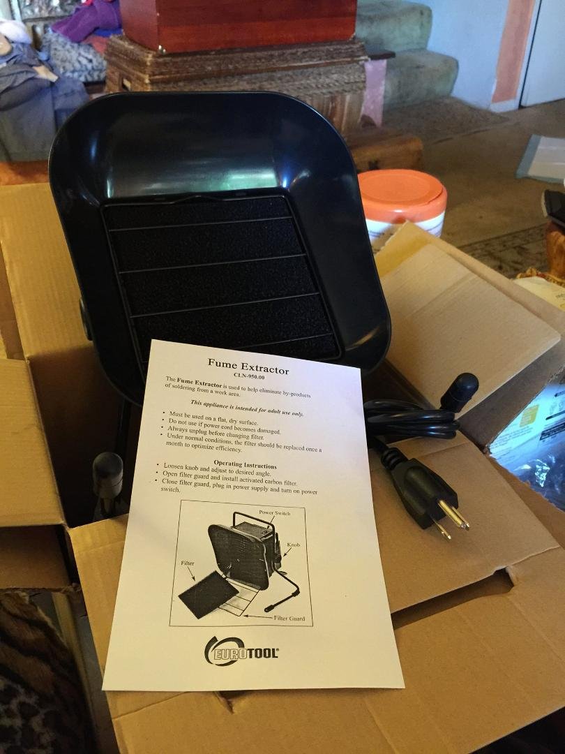 I just got this Otto Frei Fume extractor which is around 60 dollars and id 7 x 7 inches . It also has a stand. What a great solution for soldering.