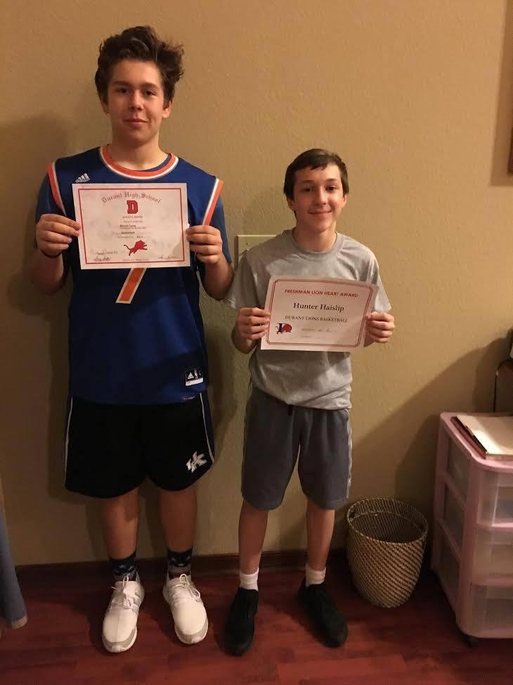 My grandson Daniel Long (on the left) earned a Varsity Letter from Durant High School this season. Daniel had a standout season on the Freshman Team and the JV team scoring 362 points. Coach moved him up to Varsity and he