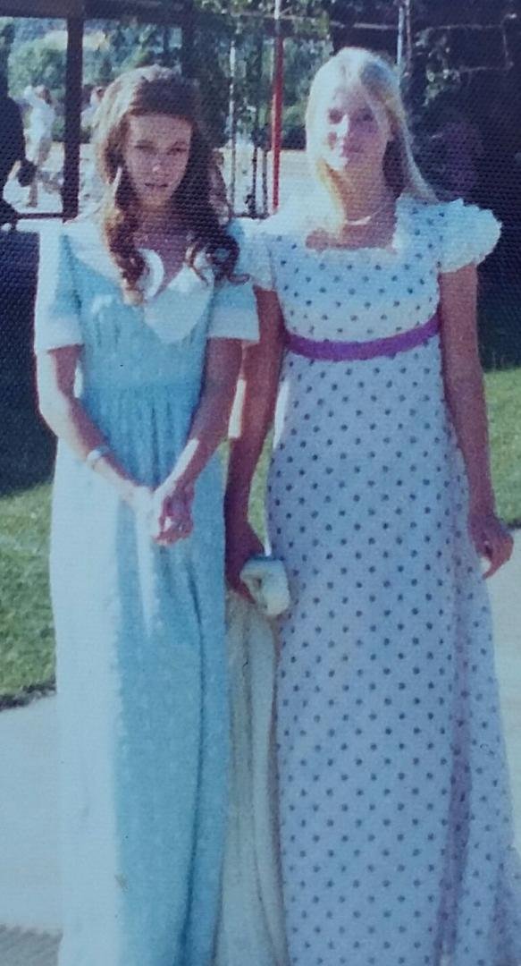 Myself and Dawn Whitermore 8th Grade Graduation 1974 ? Vallecito School . Don't you just love my "Purple Poka - Dotted" dress.. lol.. xoxo