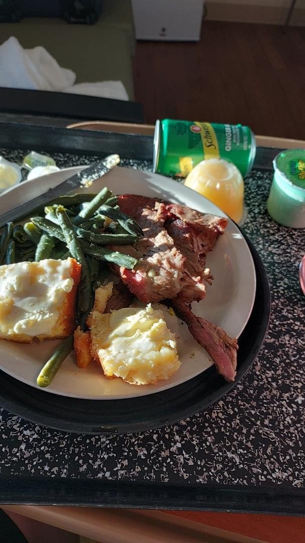 Brisket green beans cornbread applesauce sherbet hopefully the last day here at the hospital interesting food