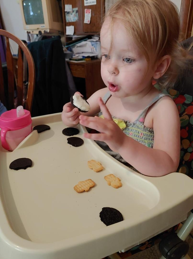 She has discovered the inside of an Oreo cookie.