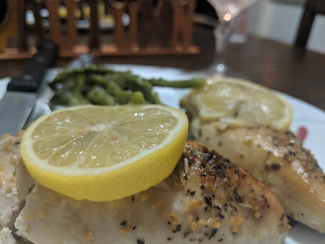 BABE MADE AMAZING DINNER LAST NIGHT! Chicken with lemon, asparagus, and we had wine. Nice and light 😊😍