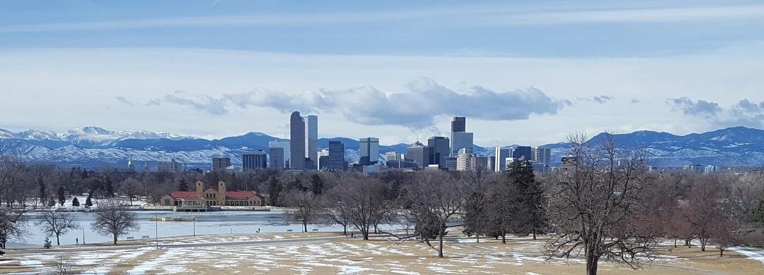 Denver, Co skyline with Mt. Evans in the background.