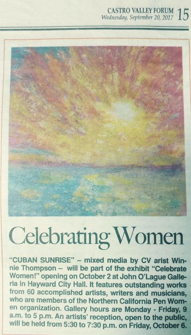 Celebrate Women! Art Reception Friday, October 6, 5:30-7:30pm, Hayward City Hall Rotunda. Music. Refreshments. Free!