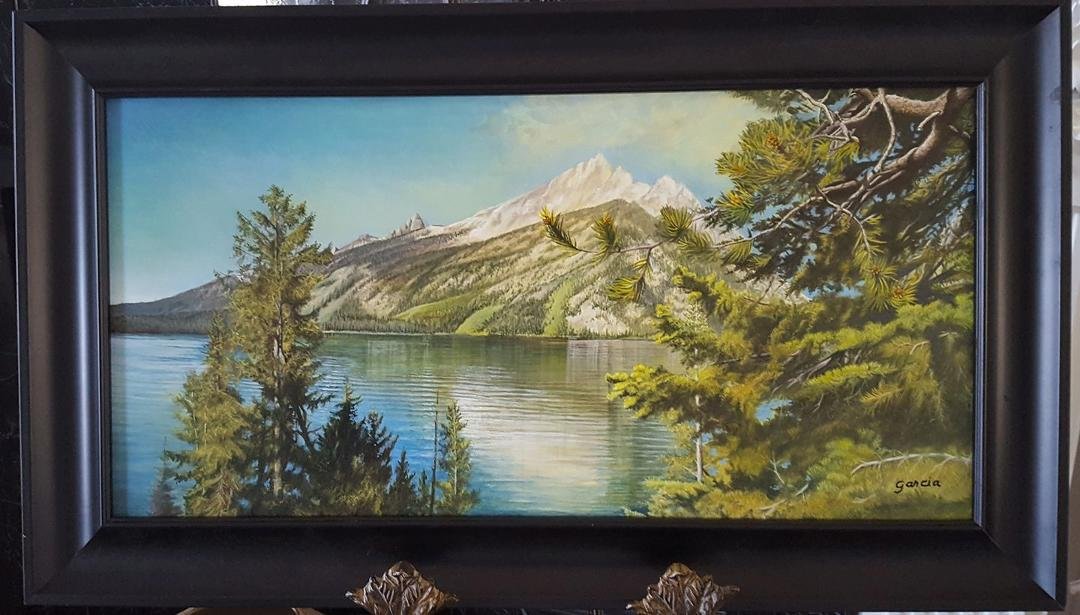 My latest. Mixed media, acrylic and colored pencil. Iake Jenny at Jackson Hole. Could hardly wait to try to capture this beautiful scene.