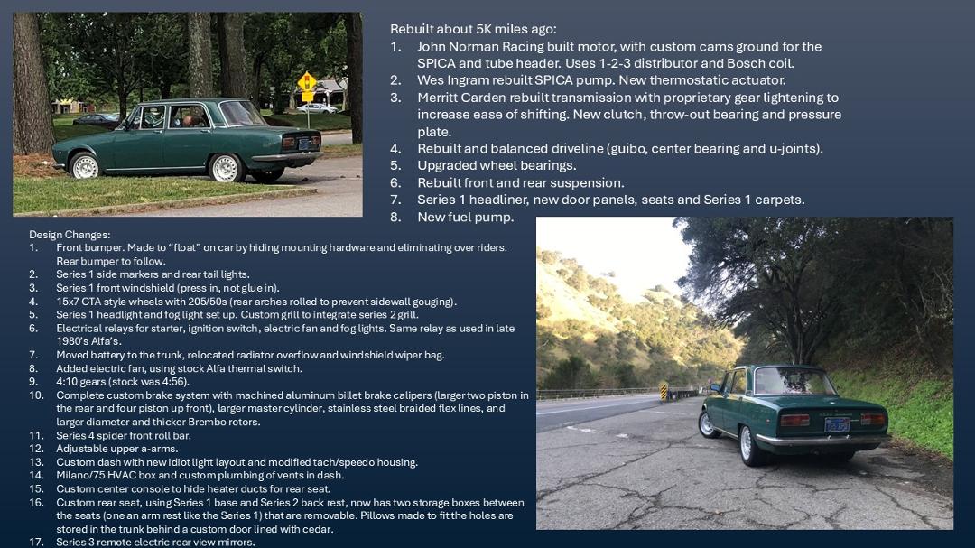 Race fans! I need your help. I have been driving the Berlina a lot and it gets lots of attention. Folks asking what I did to it, what was stock, and I don't have a snappy answer. I made this one page slide with all the rest