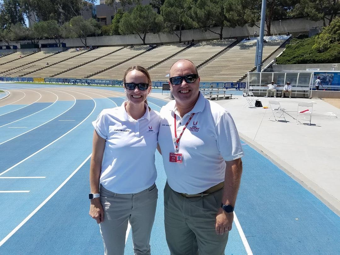 Officiating at track meet with Christine Korth
