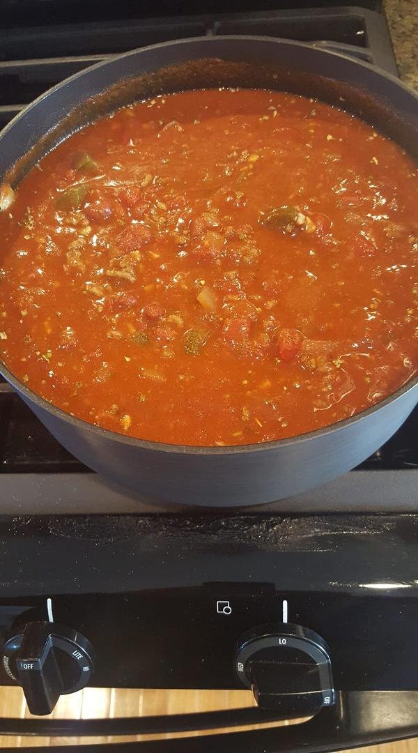 Getting ready for the Super Bowl. A pot of my world famous chili, at least in my house. Cooking down and tweaking the spices. Just enough heat to get your attention. And Pam's corn bread on the side. Good eats!