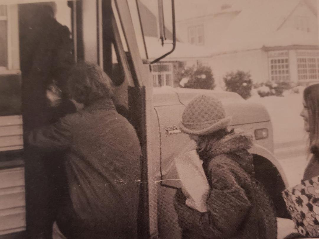 Betty Ann McPeake,me and Michele Goyette getting on the bus.