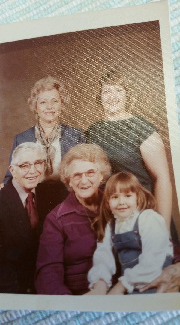 Today is my Grandma Jewel Eva West Burke's birthday. She died in 1980. She loved me and I loved her. Here she is with Grandpa Otis Burke, Aunt Joyce Burke Severs, SandraWise and JulieWise.