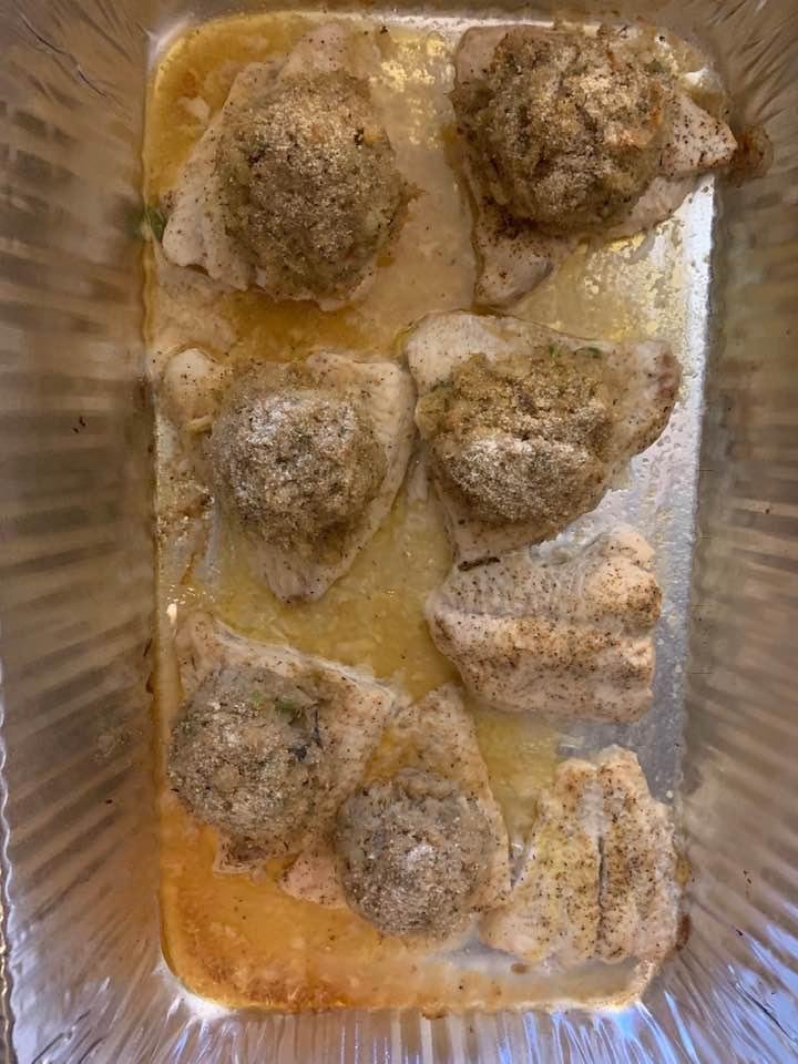 Farmed raised catfish topped with crabmeat dressing.