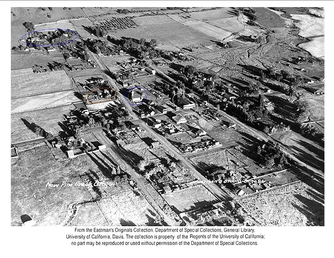 Old picture of New Pine Creek, Oregon. The road in the middle from left to right is the main highway. You can see the Baptist Church on Church Street. The top of the picture is to the east.
