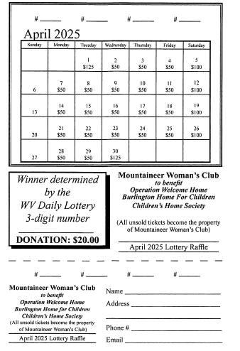Do you like playing the daily "pick 3" West Virginia Lottery? Do you like supporting good causes? We have the perfect thing for you. GFWC Mountaineer Woman's Club of Morgantown is selling calendars for the month of April, 2