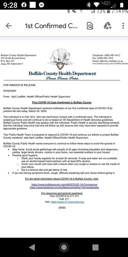 Well, here we go, 1 confirmed COVID-19 case here in Buffalo County. 😕😞😢😷