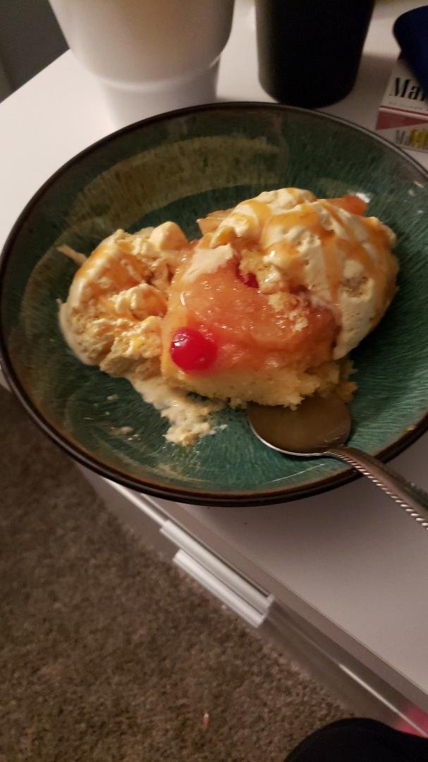 Not thats a dessert to die for lol pineapple upside down cake with pineapple cake ice cream and carmel drizzled on the top #fatkidproblemsforlife