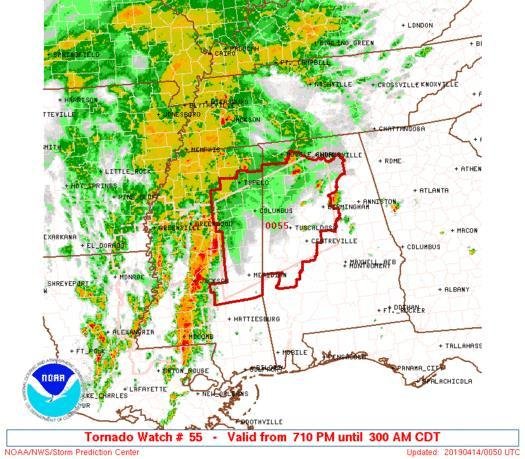 This radar image is from the NWS. The area outlined in red is the current Tornado watch area. Several areas have already been hit with Tornadoes this evening. So please stay alert.