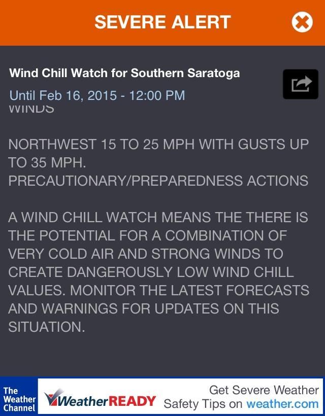 Wind Chill Watch for Southern Saratoga