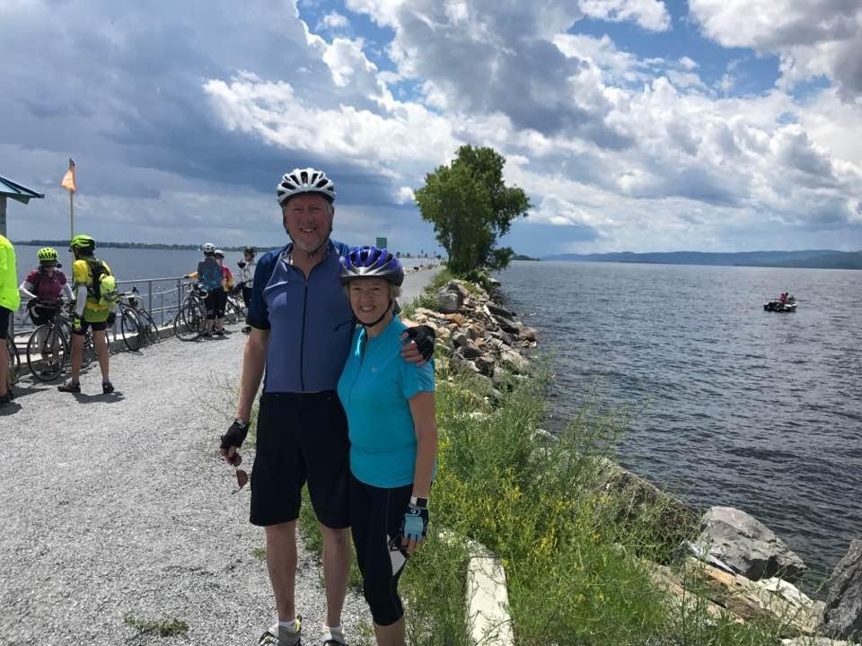 First day of bike trip. On the Colchester Causeway, which is part of the Island Line Trail, Lake Champlain, VT. Good day. Rained last 3 miles, but felt good!