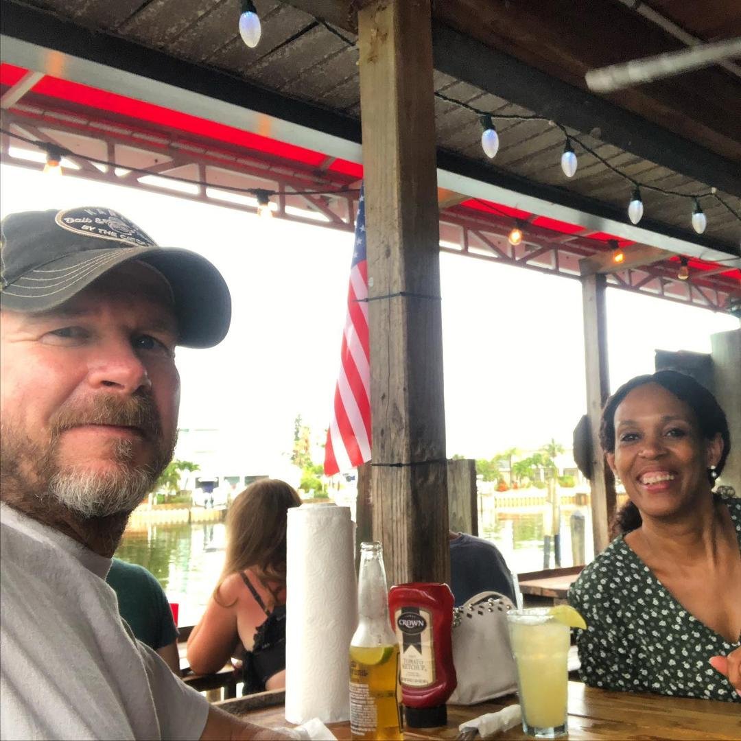 Our favorite place for drinks and peel an eat shrimp also watching dolphins swimming Wharfs restaurant in St. Petersburg Fla.
