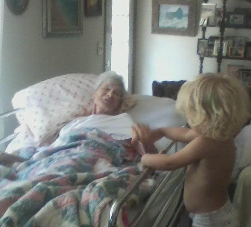 Parker making a bedside visit to his great grandpa Carl!