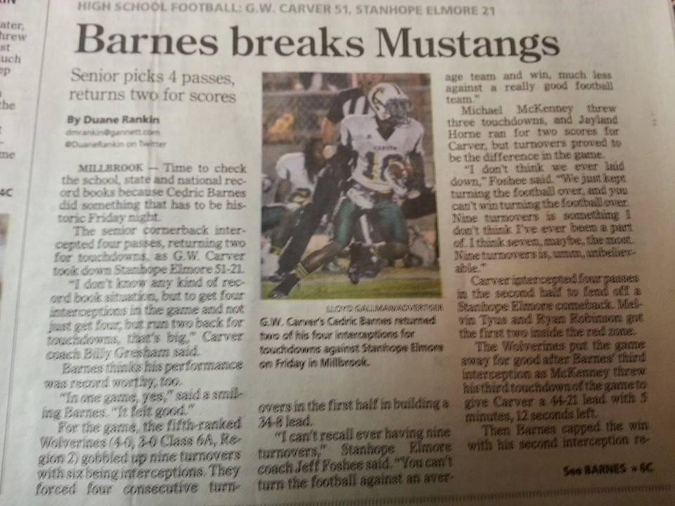 Facebook Friends see how God is moving in my Grandson's life. He sit high school record in 51-21 win over Stanhope Elmore High School.