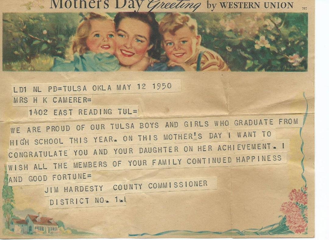 May 12, 1950 Mother's Day Western Union Telegram to my grandmother congratulating her on one of my aunts graduating from high school.