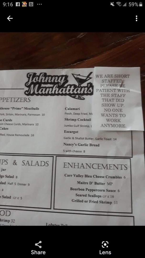 I just posted this but I had to repeat it. The note at the right is stapled on to every menu. This should be found stuck on the drive thru window at Burger King, not on the menu of a high class restaurant. Unless of course 