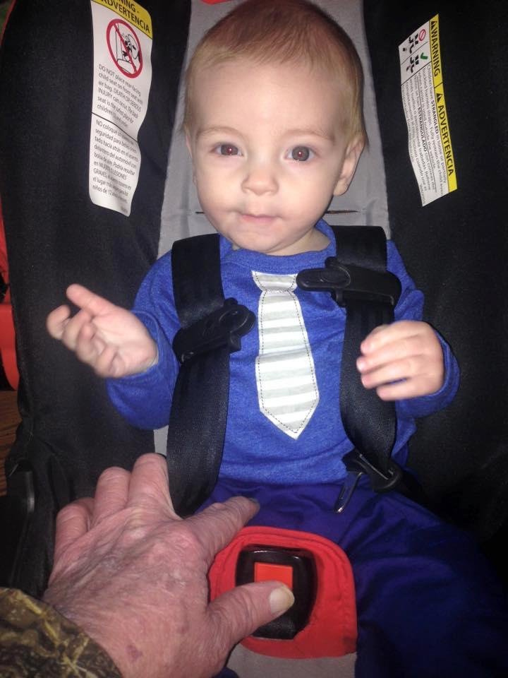 My little buddy going to breakfast with grandpa. He is going formally with a tie.