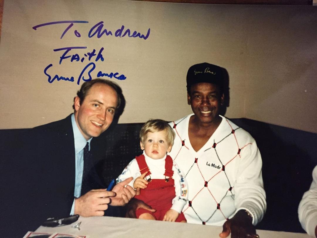 The next photo is of a very young Andrew Schwarz meeting #14. Andrew was about a year old here and was not accompanied by Kyle because Kyle was too young. Ernie always signed the photos with an inspirational word like "Fa