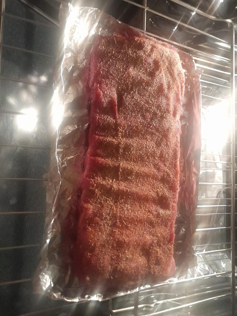 Got my dry rub on ... shhhh ... it's a secret ... lol ! St. Louis ribs w/ my rub and Baby Ray's Hickory & Brown Sugar BBQ sauce ! OOG ! I'm in Heaven ... almost ...